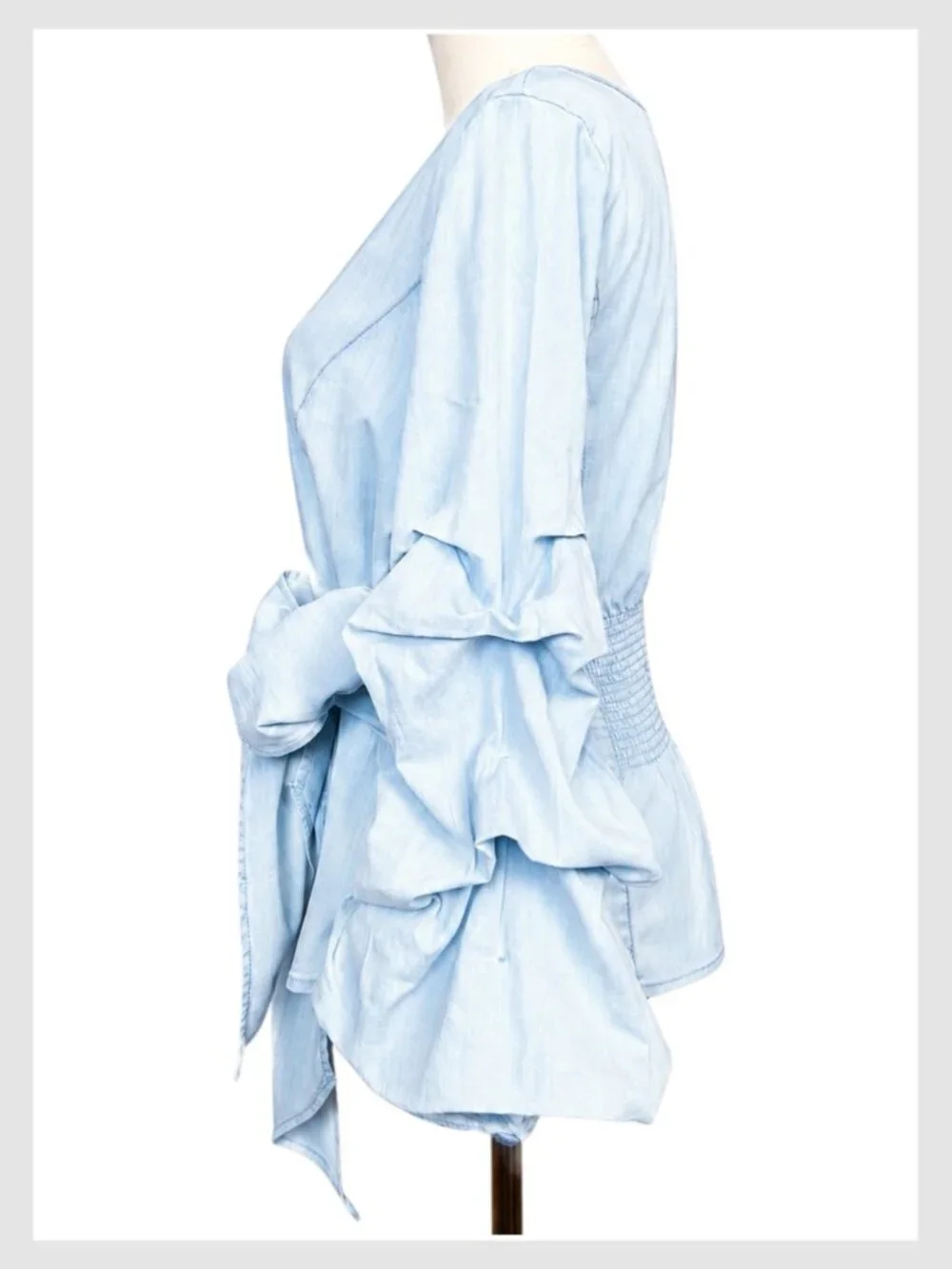 White House Black Market Denim Tencel Tie Waist Blouse Light Blue 10 L - Picture 8 of 10